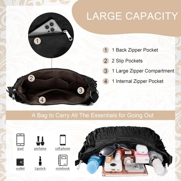 Women Faux Suede Fringed Purse Hobo Bag Tassel Crossbody with Double Long Straps - Picture 2 of 6